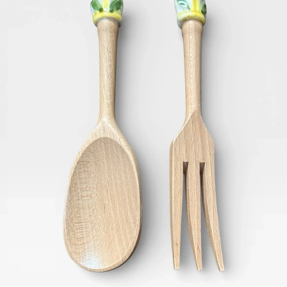 Orvieto Hand-Painted Red Chili Design Ceramic & Wood Salad Serving Fork & Spoon